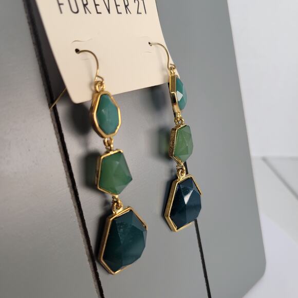 Forever 21 Green Gold Tone Geometric Drop Earrings Dangle Statement Boho Chic - Picture 2 of 7